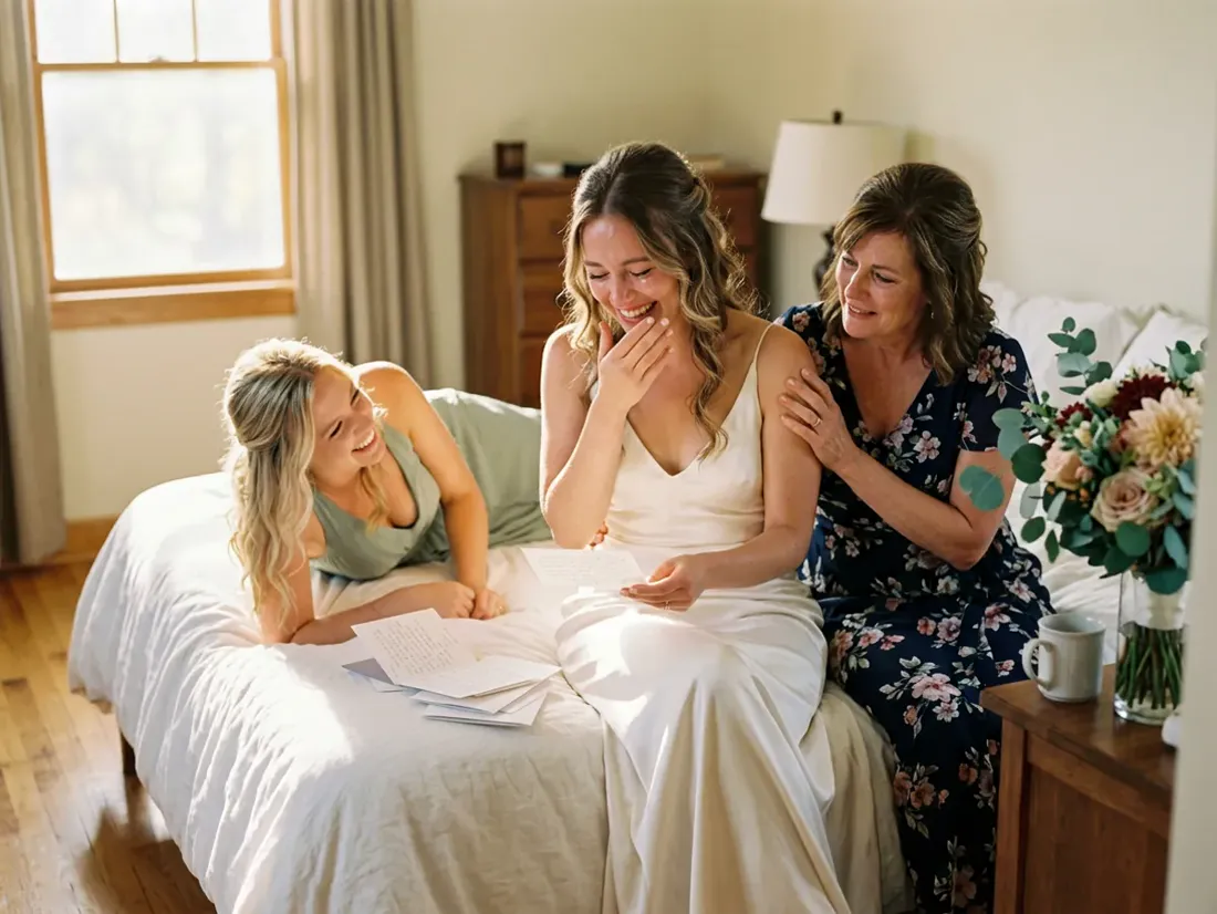 A bride on a bed laughing through tears as she reads handwritten letters, her mother and a bridesmaid beside her
