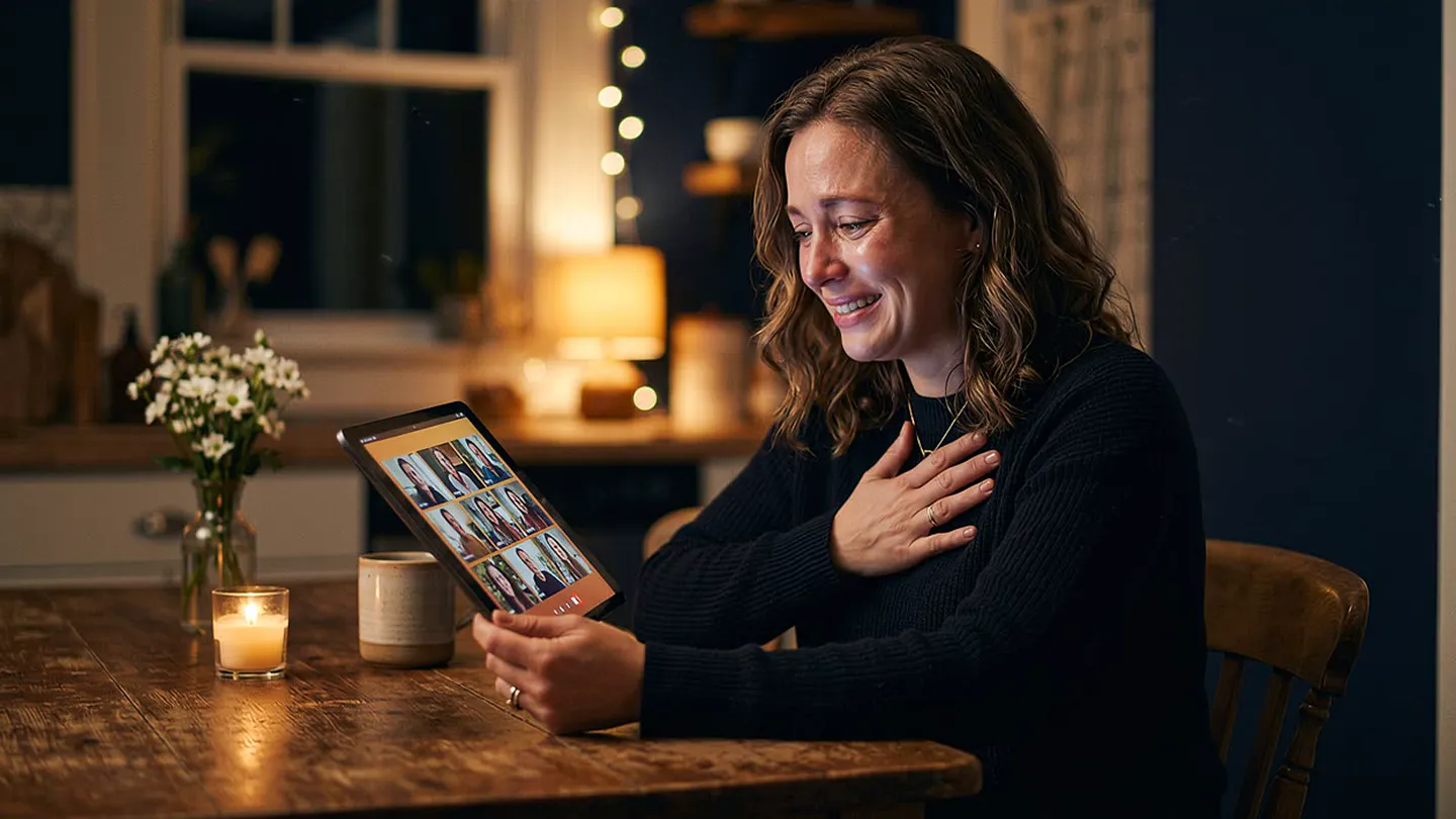 A woman at a candlelit kitchen table, tears and a smile, one hand on her chest, watching a tablet full of faces
