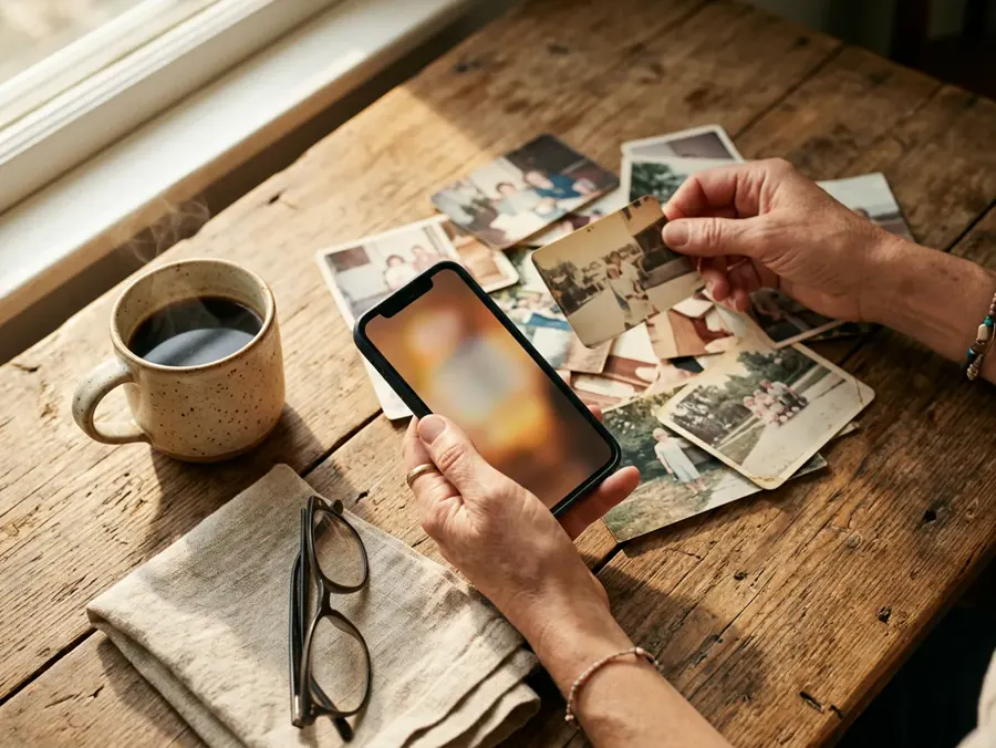 Hands holding a phone over a table of old photographs and a cup of coffee