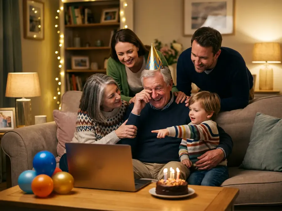 A family around a laptop at a birthday, the man in the party hat wiping a tear