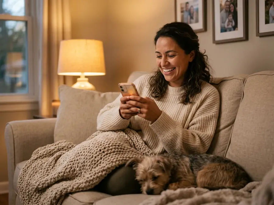 A smiling woman on a sofa sharing a link from her phone, a dog asleep beside her